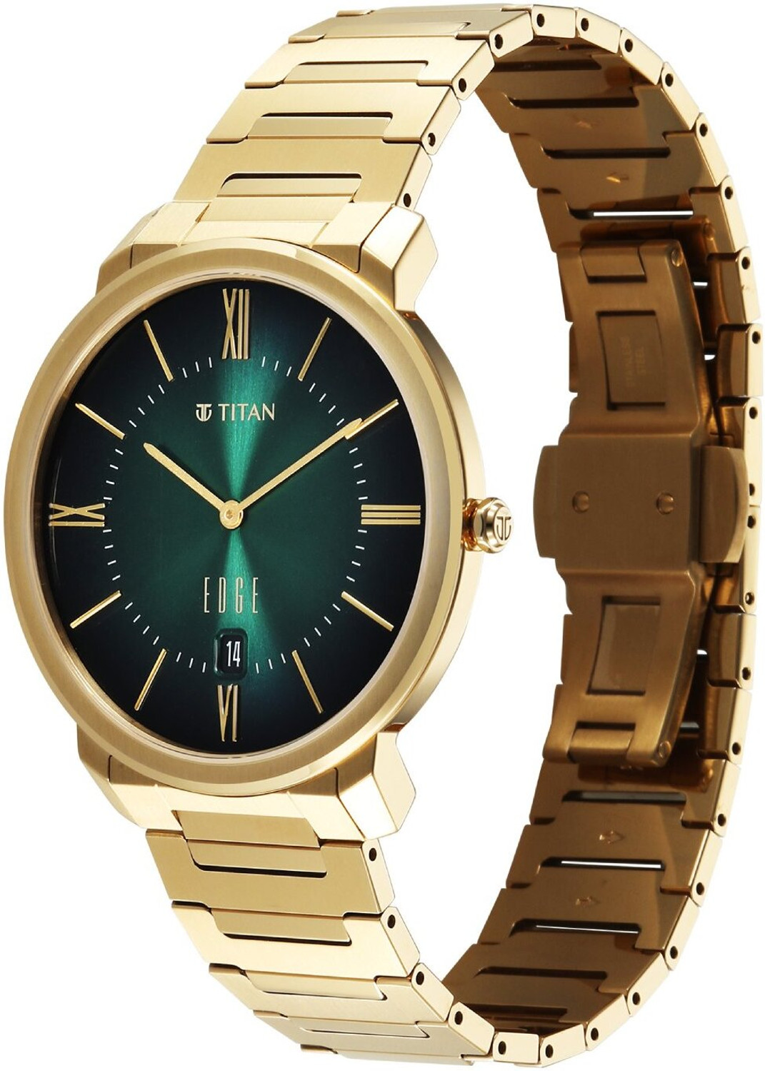Image of Titan Edge Meister Edge Meister 2Hands+Date Green Dial Gold Plated Stainless Steel 316L Strap Analog Watch - For Men