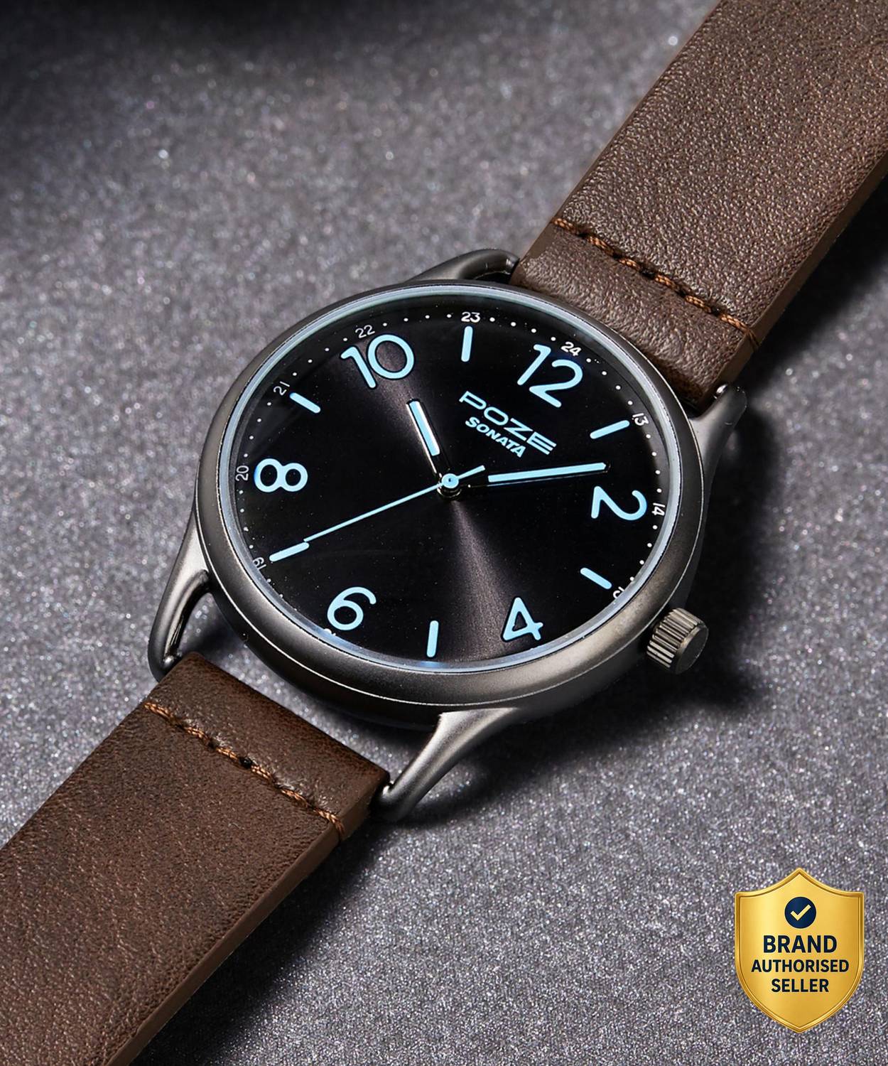 SONATA Poze Black Dial Brown Strap Analog Watch - Image 1