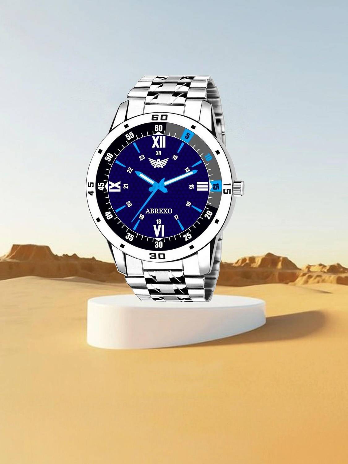 ABREXO Abx3026 Blue Blue Dial Day & Date Working Silver Chain Wrist Watch for Men Analog Watch  - For Boys