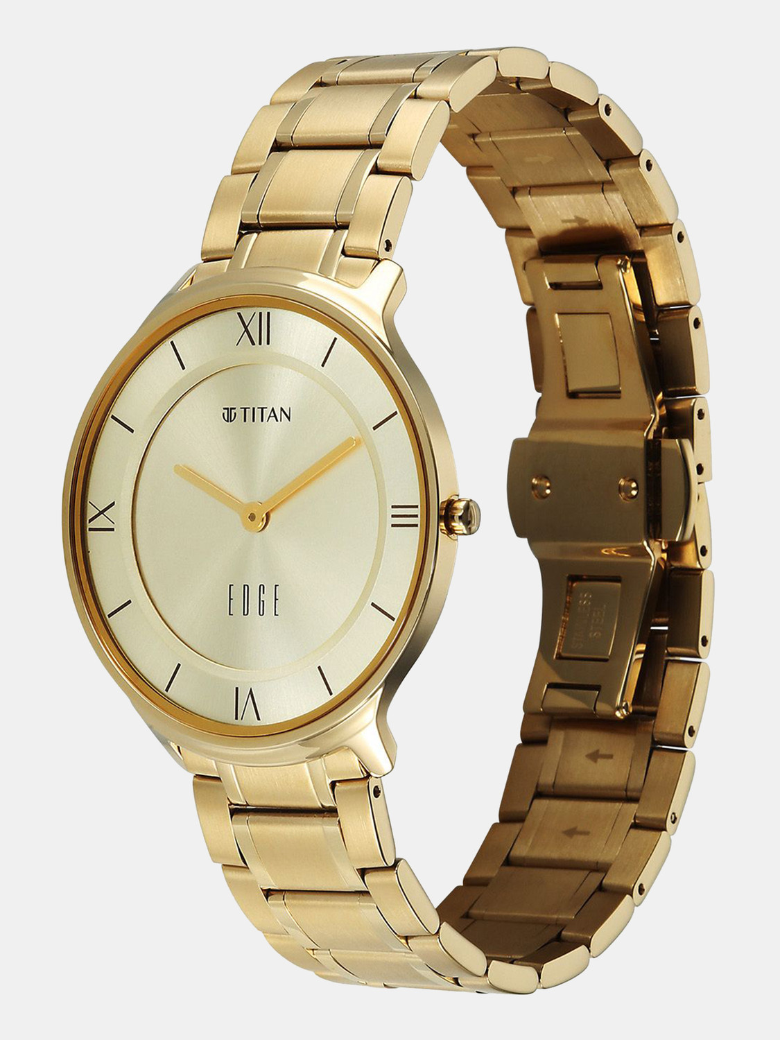Image of Titan Edge Gleam Edge Gleam Quartz Champagne Dial Golden Stainless Steel Strap Watch For Men Analog Watch - For Men