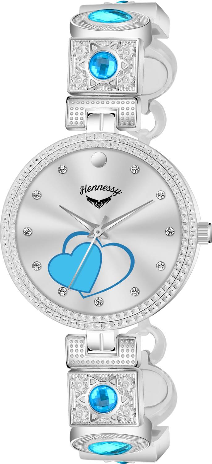 NANA/A1335-7/Hennesy/ Hennessy Quartz Premium Silver Chain Blue Gem Studded Smart Analog