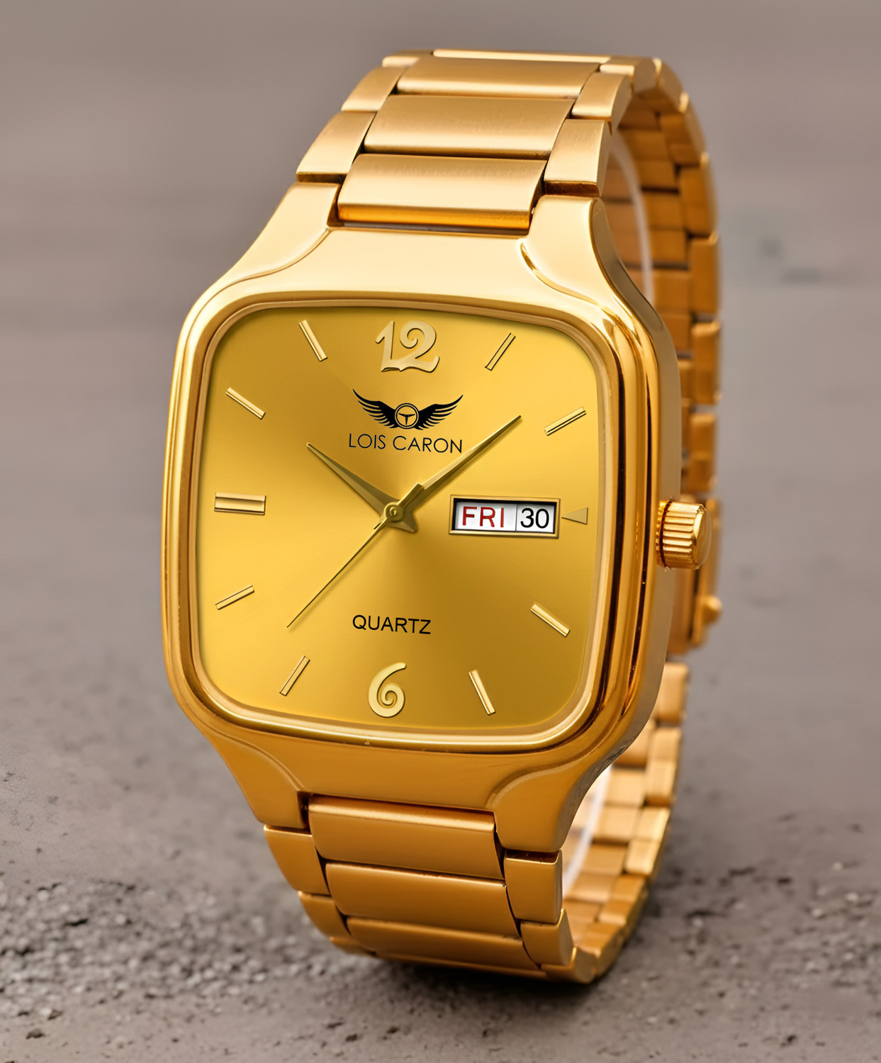 Image of LOIS CARON LCS-8636 Day & Date Classic Elegant Gold Square Dial Quartz Stylish Formal Timepiece Analog Watch - For Men