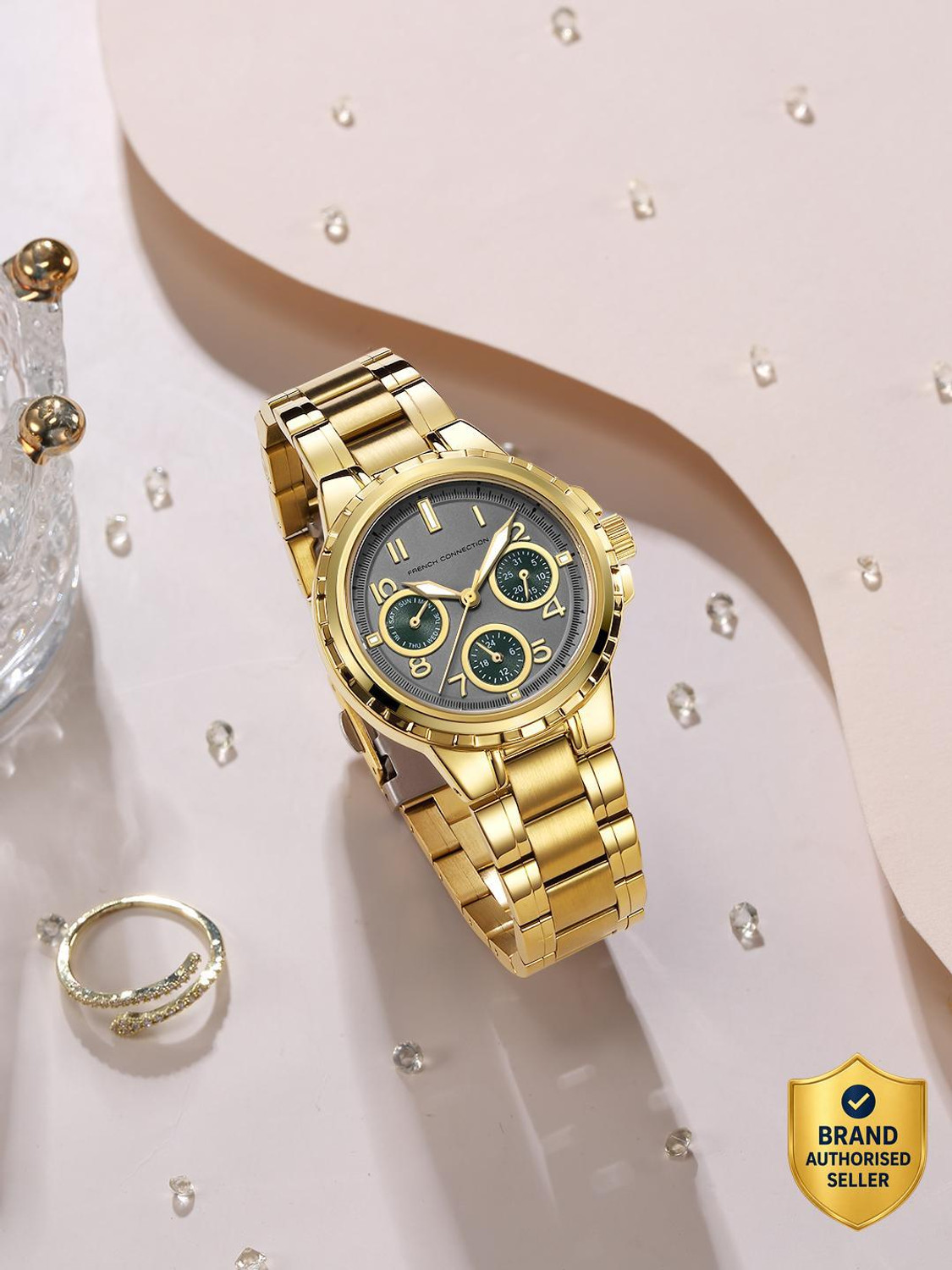 Image of French Connection Men Business Casual Dress Watch Luminous Date Wristwatches Grey Embossed Round Dial | Gold Stainless Steel Chronograph Watch for Women Analog Watch - For Women