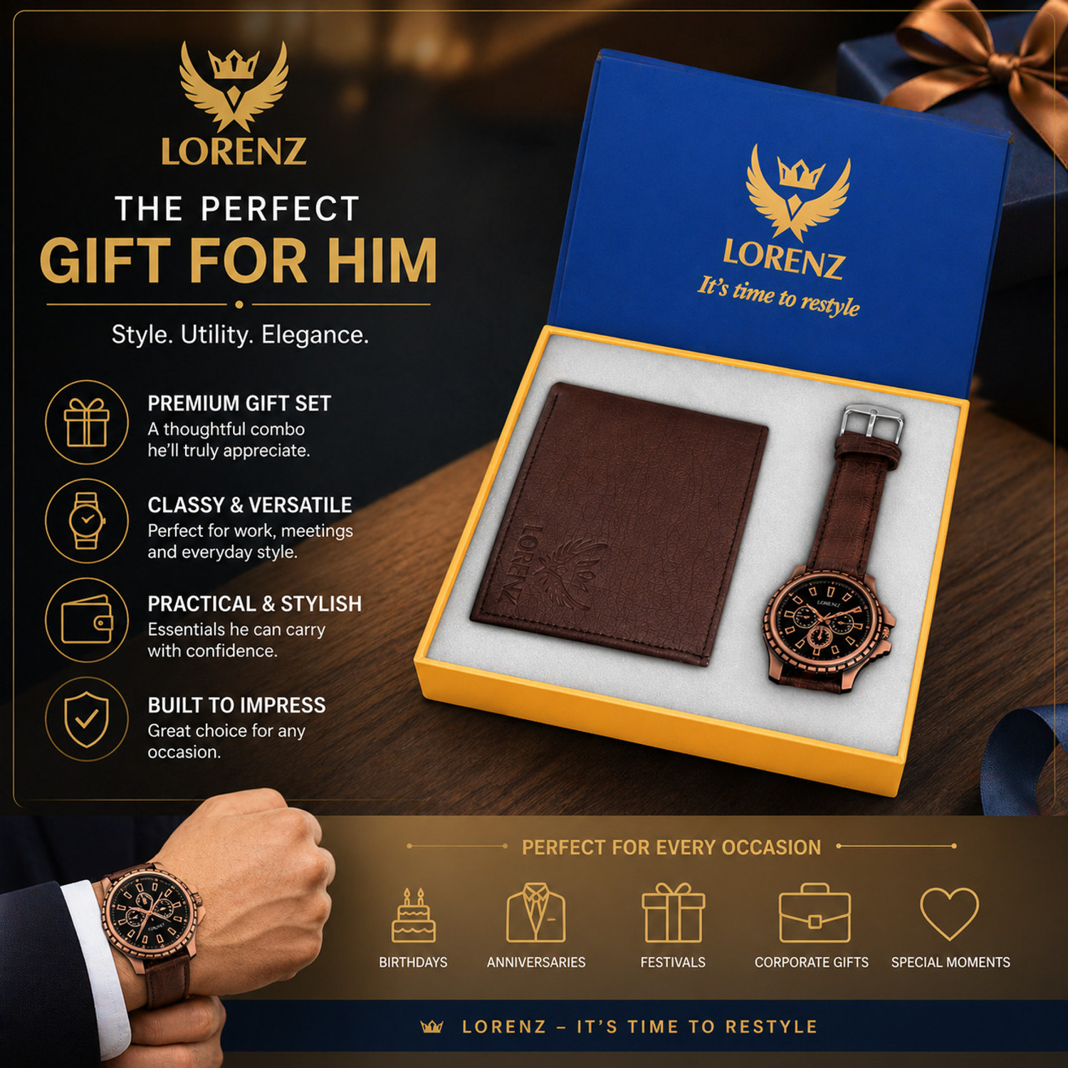 Image of LORENZ CM-1054WL-BRN Combo Gift Set of Men's Wallet & Analog Watch - For Men