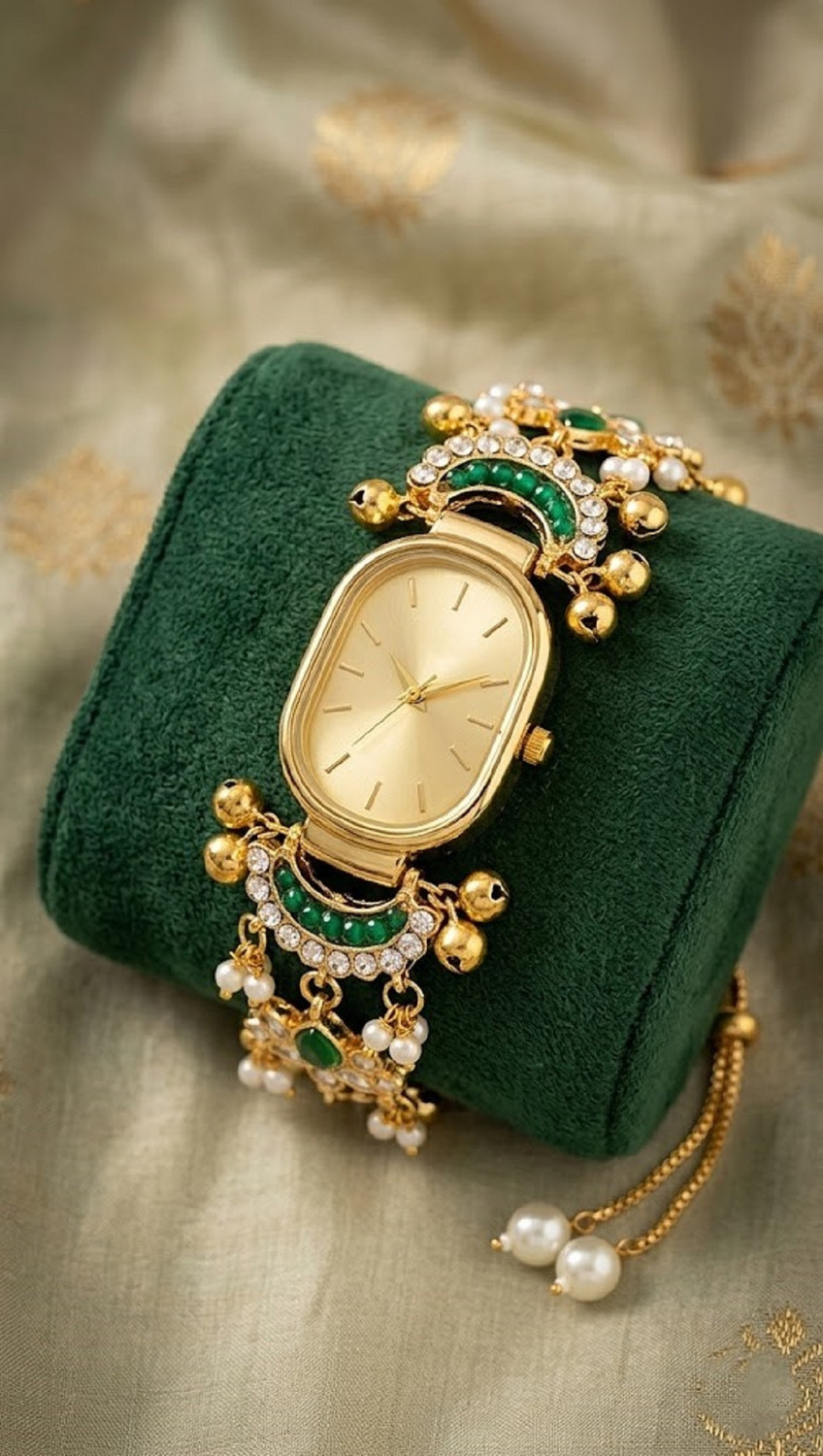 Image of watchstar Emerald & Gold Ethnic Bracelet Watch with Pearl Accents Elegant Traditional Gold Watch with Emerald & Pearl Charms Analog Watch - For Women