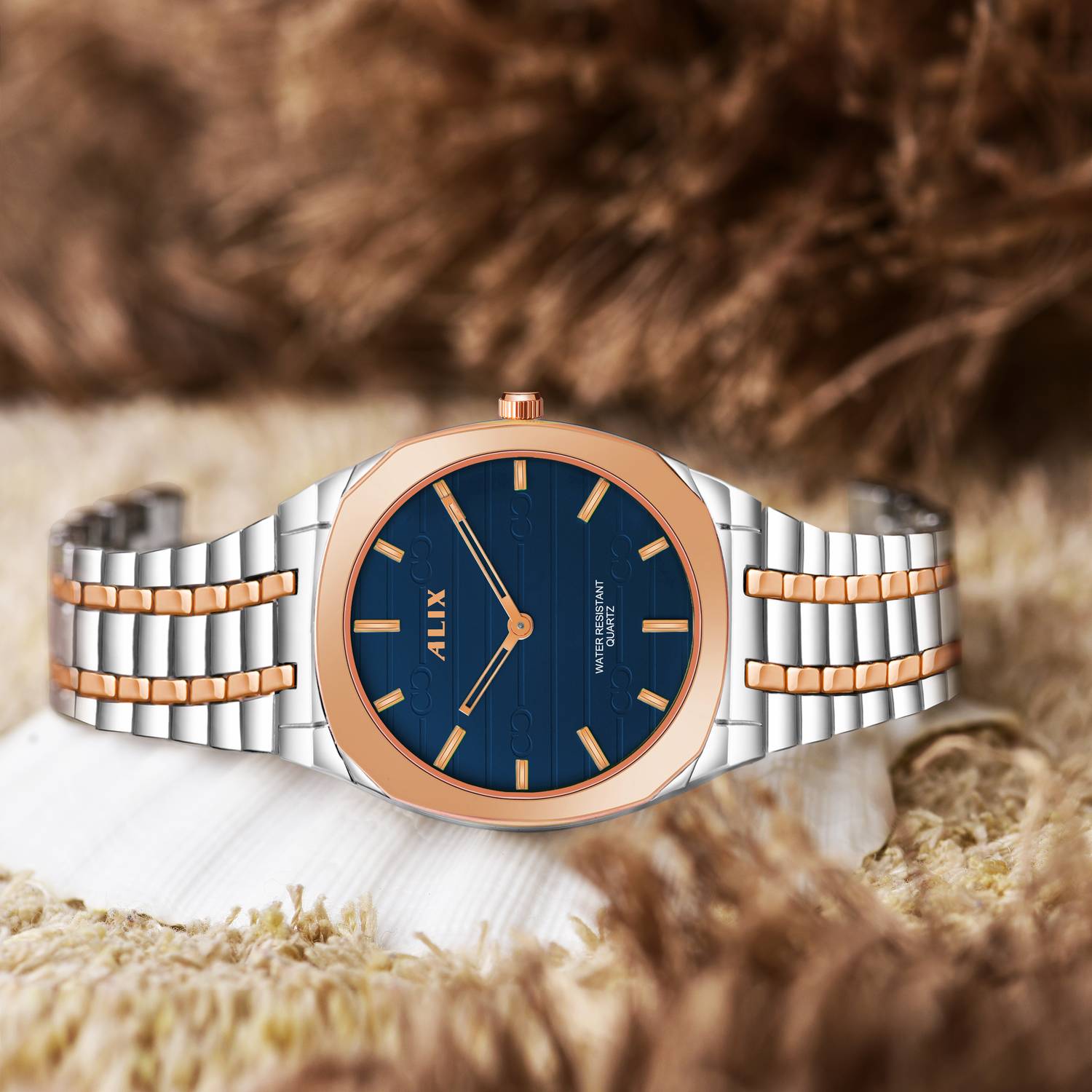 Alix AL3054 Dual Tone Silver&Rose gold stainless steel strap With black dial slim case Analog Watch - For Men