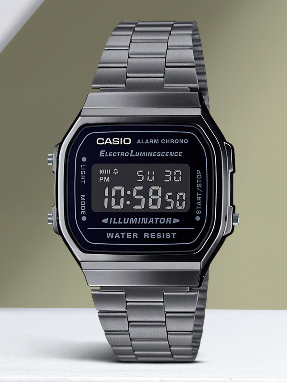 Image of CASIO A168WGG-1BDF Vintage Black Dial Black Stainless Steel Band Digital Watch - For Men & Women