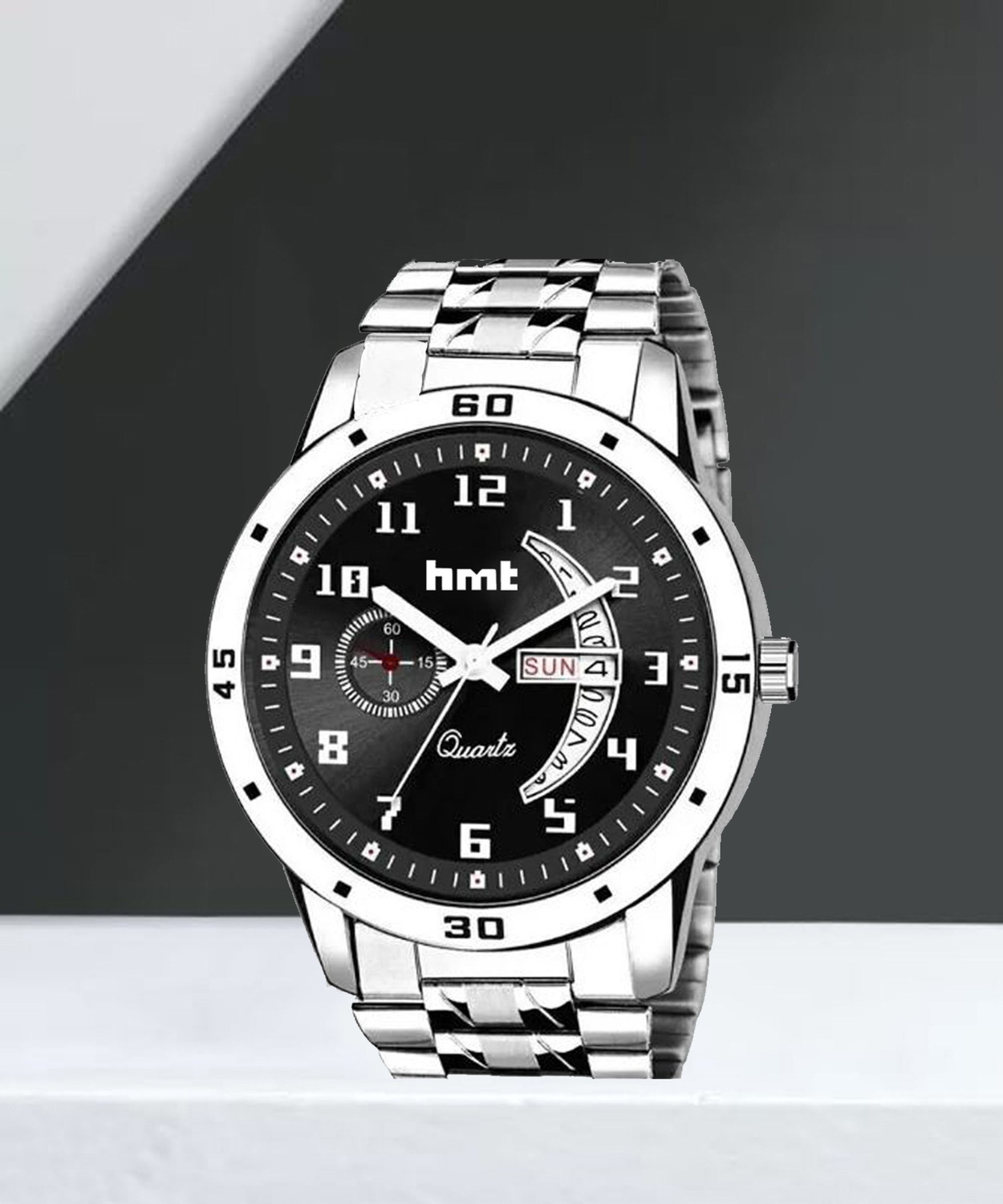 Image of HMT DLD Stainless Steel 494 Black Day & Date Series Original Black HMTS Quartz Steel Wrist Watch Analog Watch - For Men