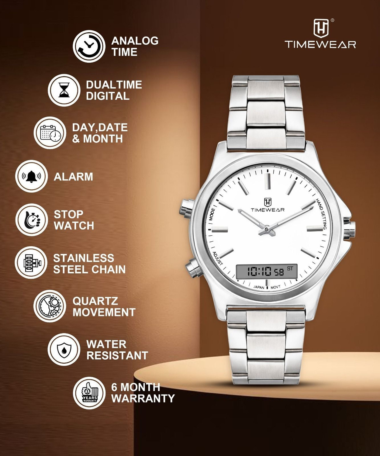 Image of TIMEWEAR 332DACH TIMEWEAR Dualtime White Dial Stainless Steel Chain Quartz Analog-Digital Watch - For Men