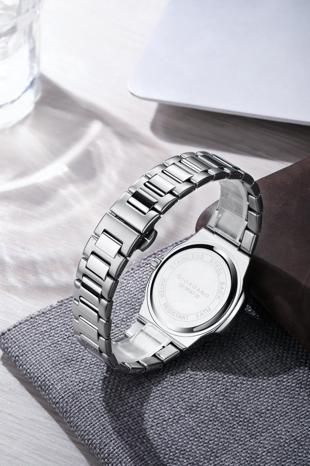 Image of GIORDANO Multifunction Watch Texture Dial Cushion Case Luminous Index Marker Stainless Strap Day Date Display Analog Watch - For Men