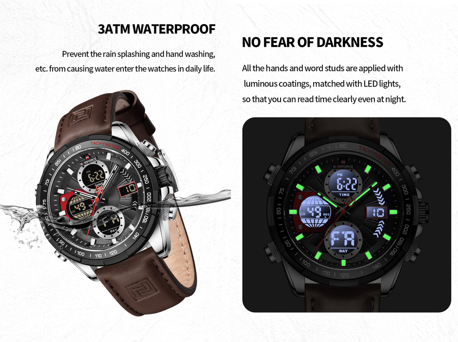Image of NAVIFORCE NF9197L-SWBK Professional look brown leather strap Analog-Digital Watch - For Men