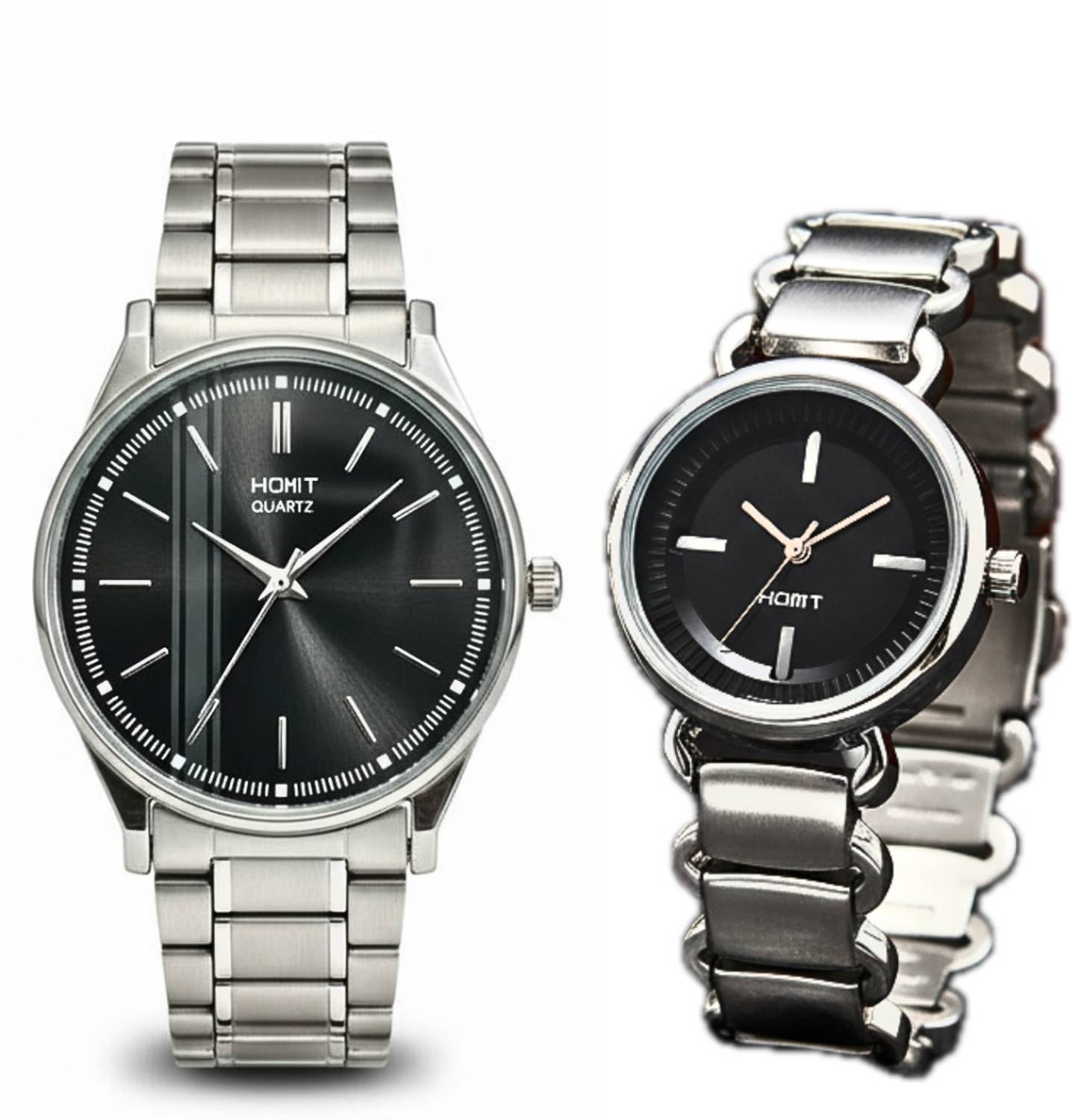 homot Couple’s Stainless Steel Analog Watch Combo - Black Pack of 2 - Image 1