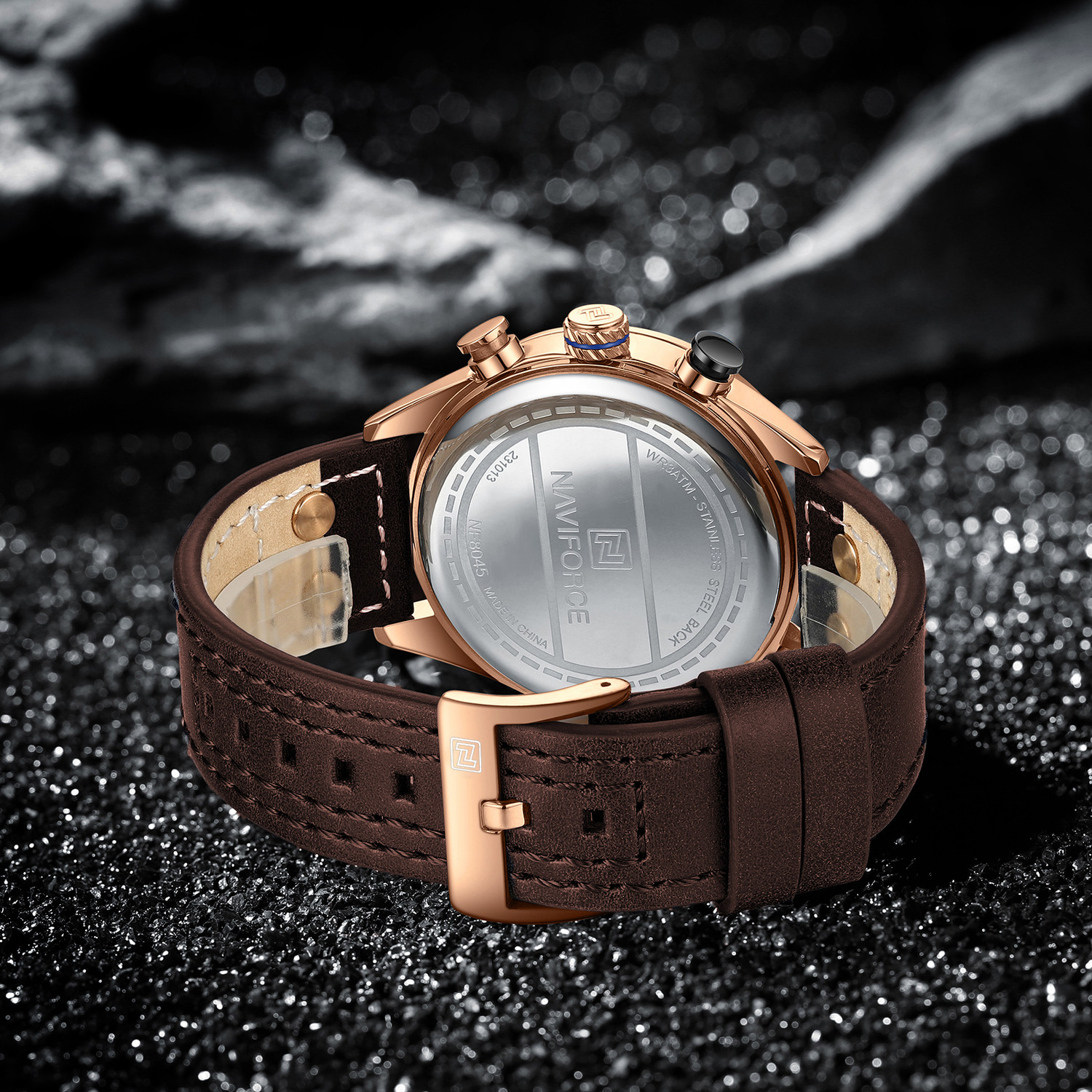 Image of NAVIFORCE 8045 Bold rosegold and brown color carbon fiber crafted dial design with chronograph Analog Watch - For Men