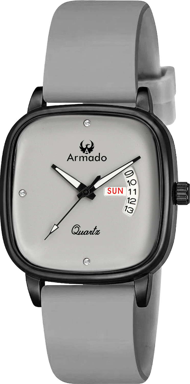 Image of ARMADO AR-MH-1281522-Neutral Grey Armado Watch for Boys | Square Dial | Day & Date Display | Silicone Strap Analog Watch - For Men