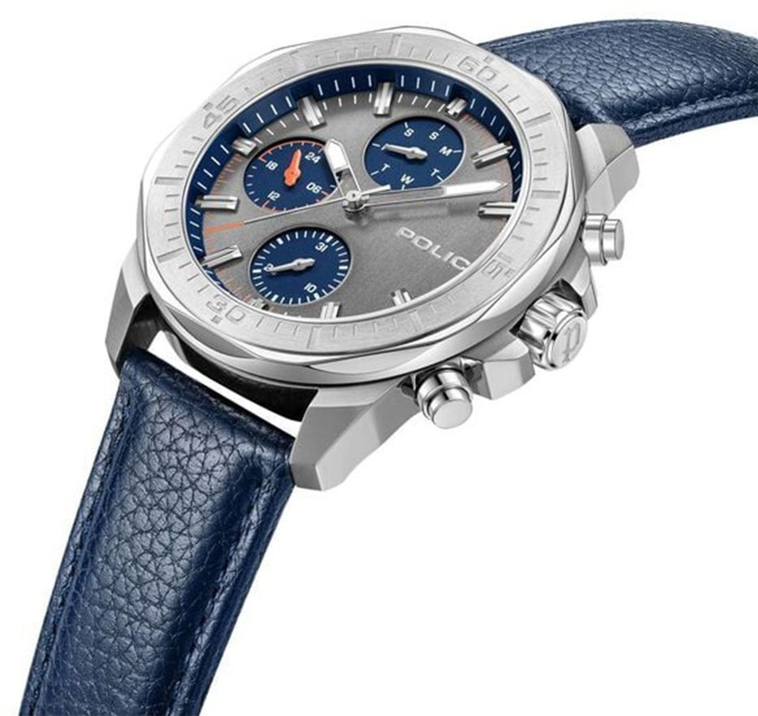 Image of Police Police Quartz Multifunction Grey Dial Blue Leather Strap Analog Watch - For Men