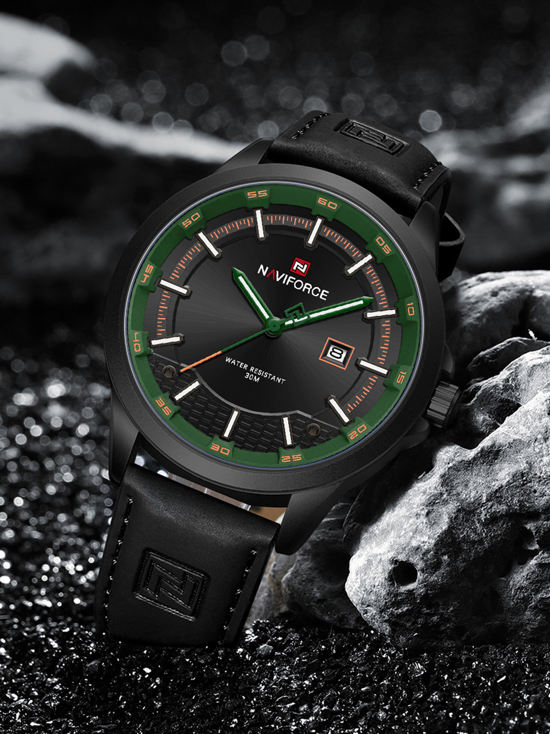 Image of NAVIFORCE NF9248L Black Men's Trendy Leather Strap Sports Waterproof Luminous Analog Watch - For Men