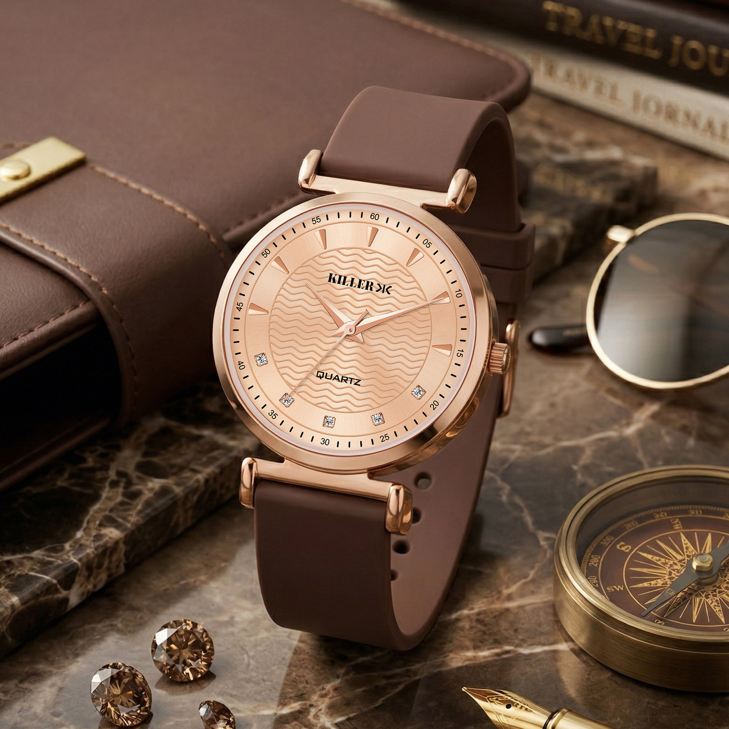Image of KILLER Elegant Rose Gold Dial Watch with Brown Silicone Strap Analog Watch - For Women