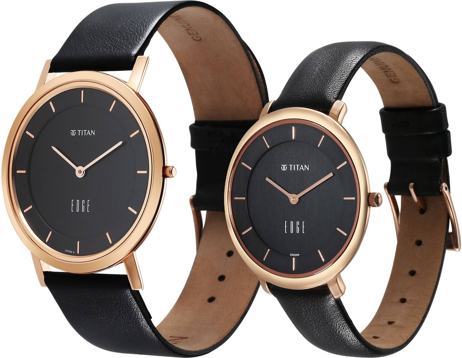 Titan Edge Pair Black Dial Black Leather Strap Couple Watch - Image 3