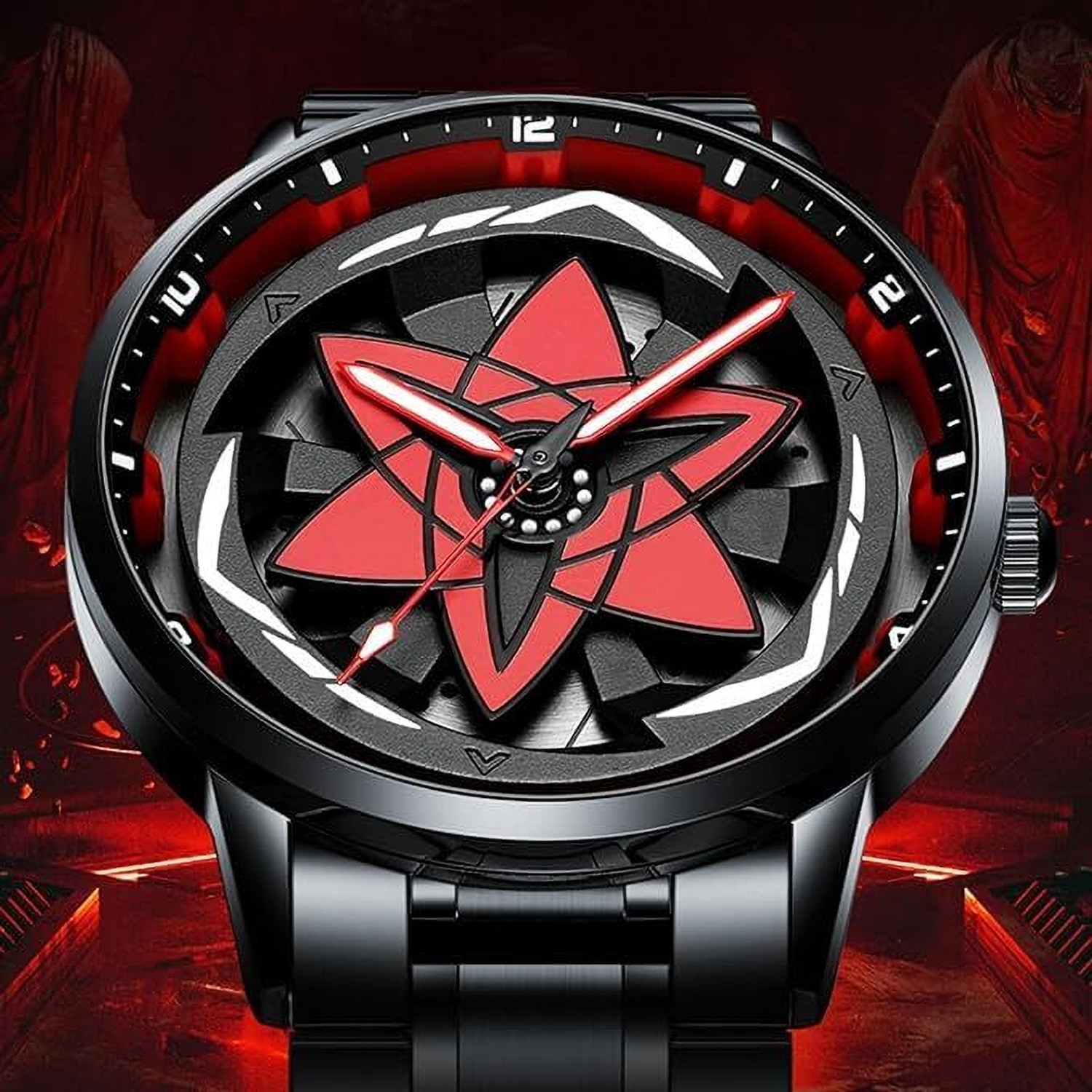 Image of NAYABE Anime Spinning Watch. Rotating Star Design Watch, Black Metal Bracelet NAYABE Anime Spinning Watch. Rotating Star Design Watch, Black Metal Analog Watch - For Men