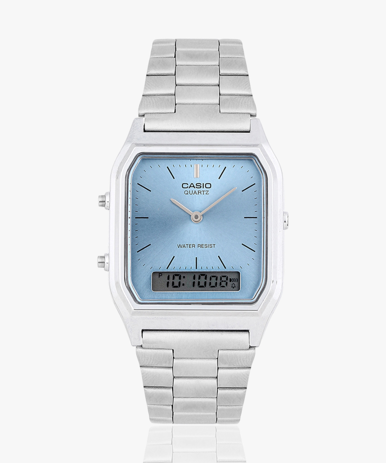 Image of CASIO AQ-230A-2A1MQYDF Vintage Blue Dial Silver Stainless Steel Band Analog-Digital Watch - For Men & Women