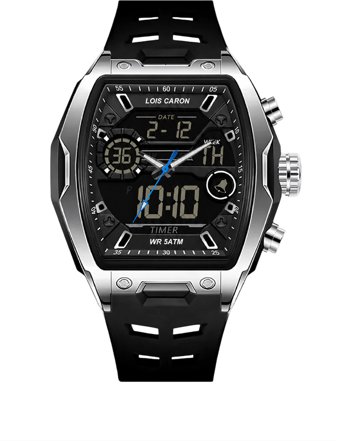 Image of LOIS CARON LCDA8028 Analog Digital Watch for Men | curved Barrel Shaped Multifunction Dual Display Analog-Digital Watch - For Men