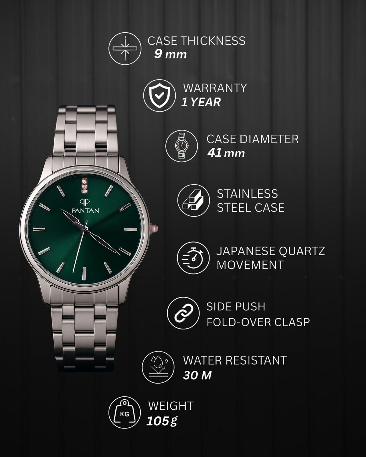 Image of pantan PANTAN Classic Edition Stainless Steel Wrist Watch for Men - Elegant Green Dial PANTAN Classic Edition Analog Watch - For Men