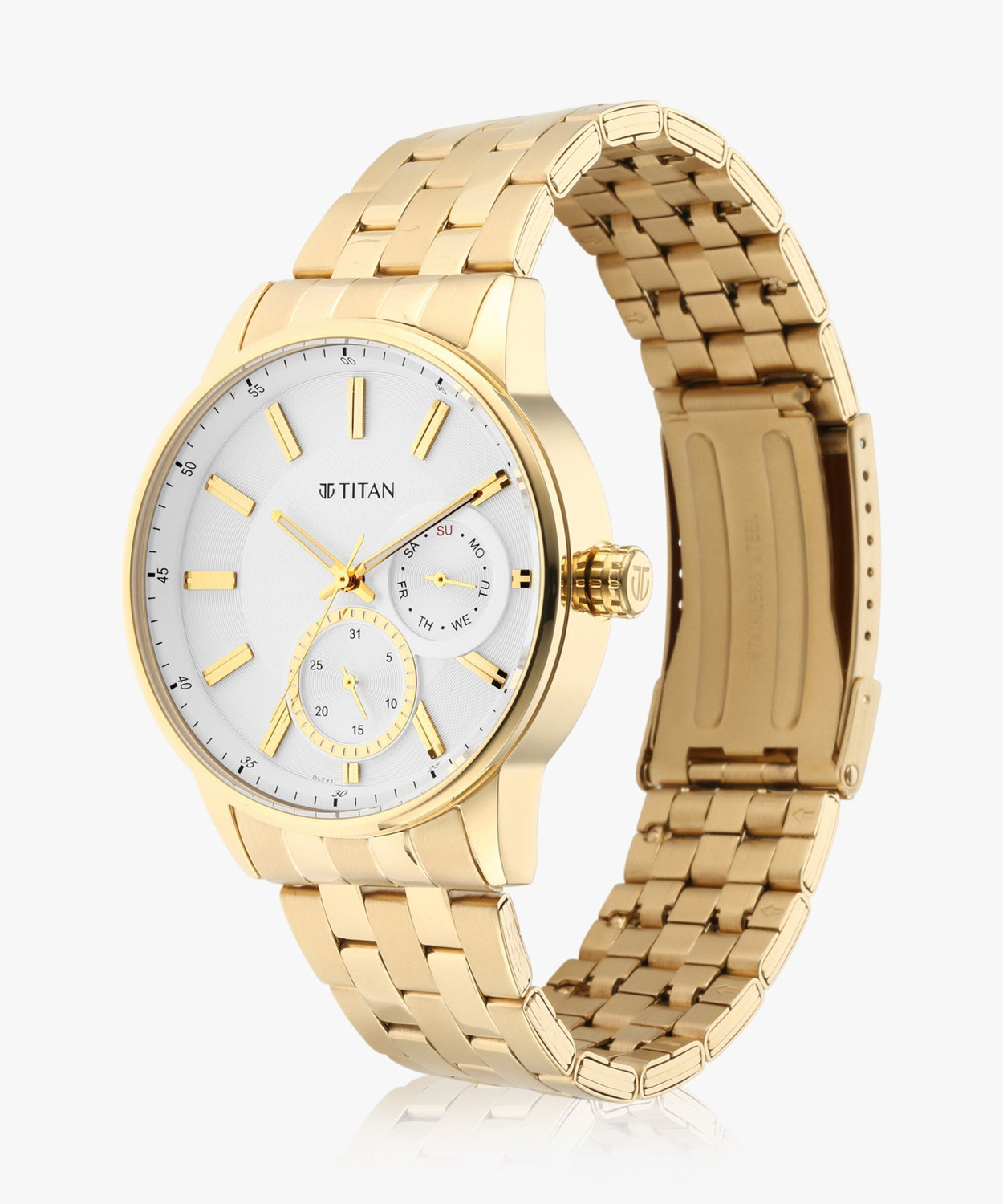 Image of Titan NP9441YM01 Titan Regalia Opulent Multifunction White Dial Gold SS Strap Analog Watch - For Men