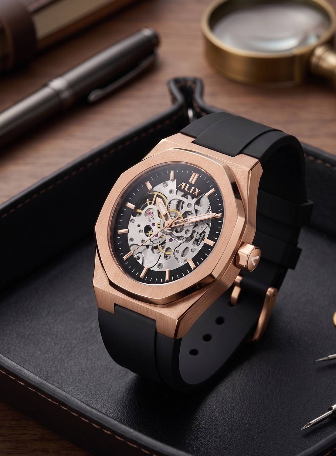 Alix AL2902T Rosegold Black Mechanical Automatic Skeleton Self-Winding Water Resistant Analog Watch - For Men