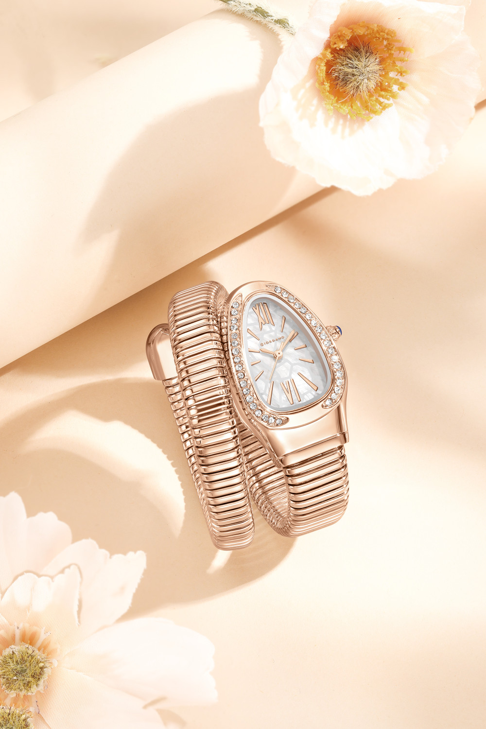 Image of GIORDANO Serpentine Collection White Dial & Snake-Style Wrap-Around Stainless Steel Strap Analog Watch - For Women