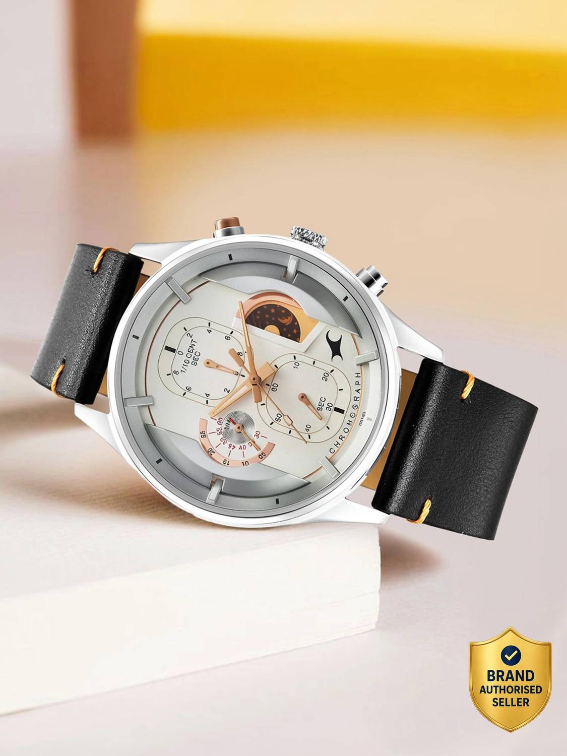 Fastrack Opulence Chronograph Silver Dial Black LeatherStrap Watch - - Image 1