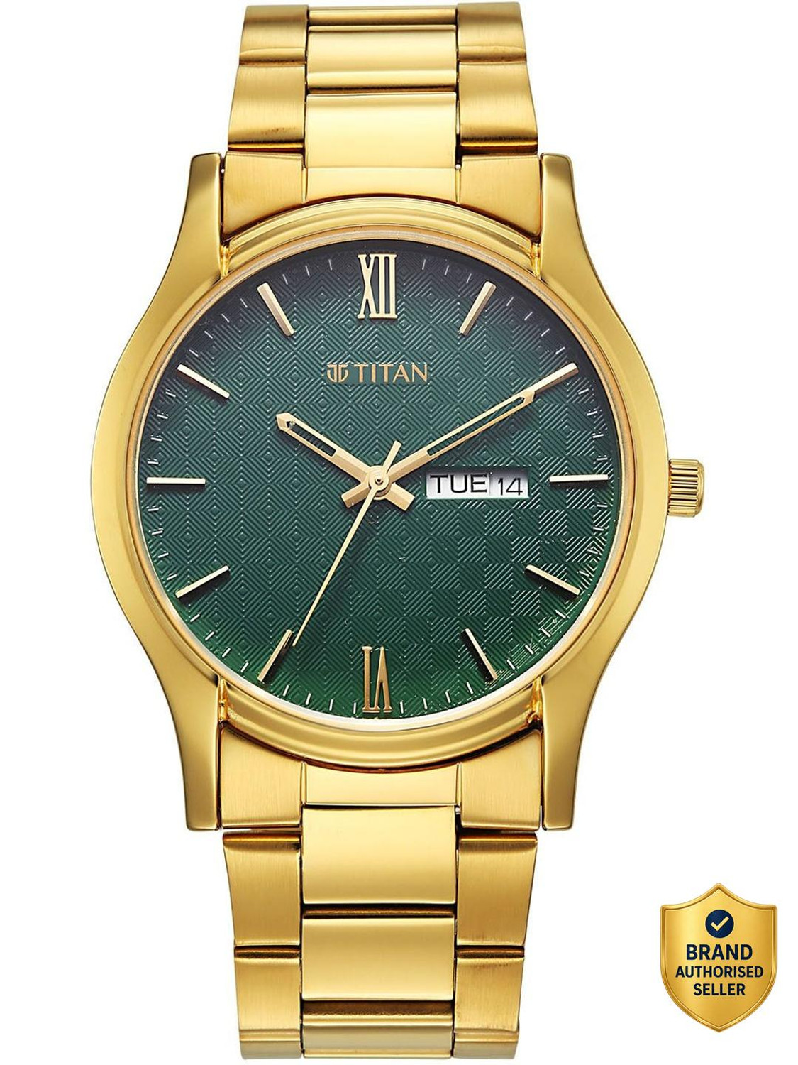 Image of Titan Karishma Gents Karishma Regal Day-Date Green Dial IPG Stainless SteelStarp Analog Watch - For Men