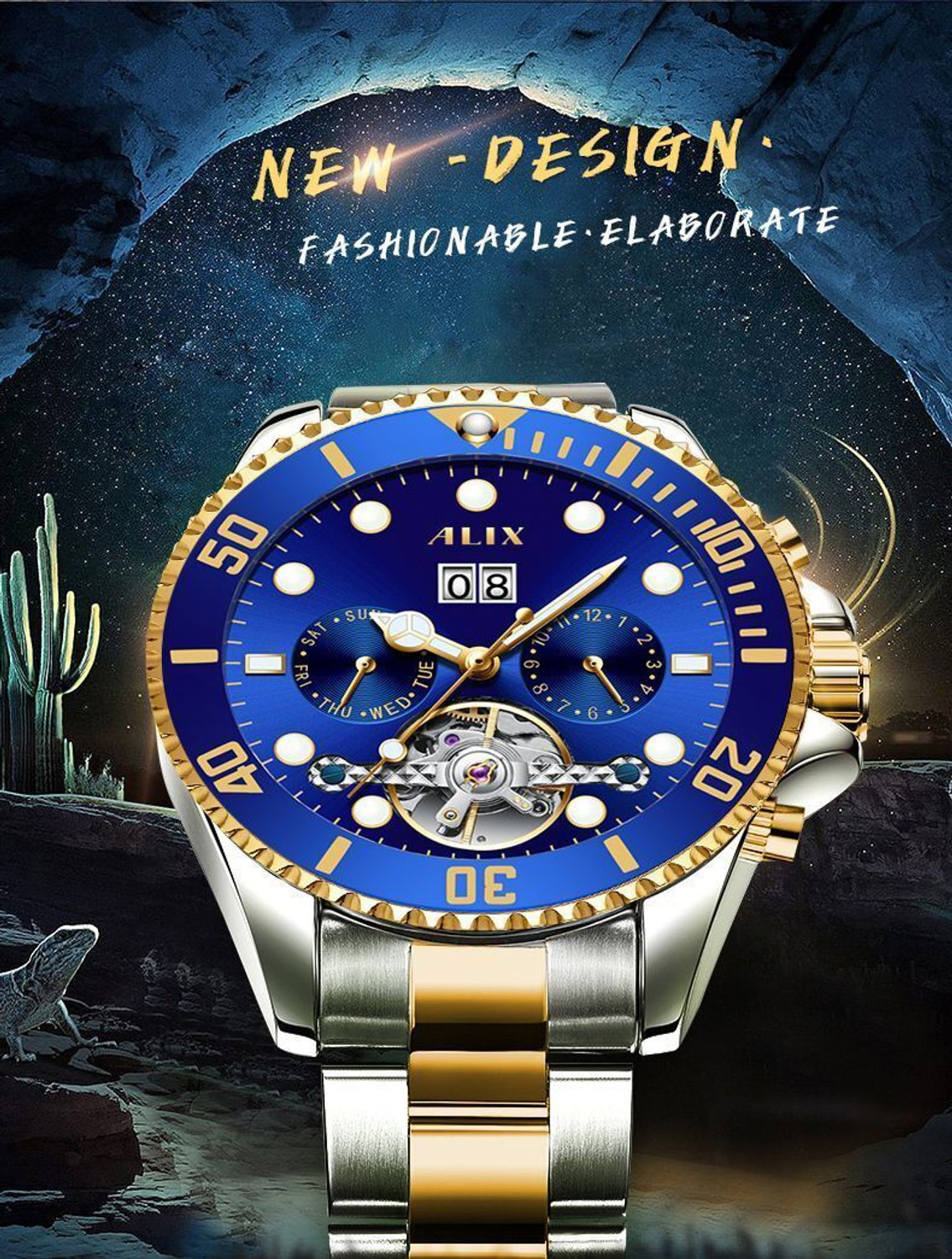 Image of Alix AL2907 automatic flying wheel tourbillon with date day working silver Blue professional Analog Watch - For Men