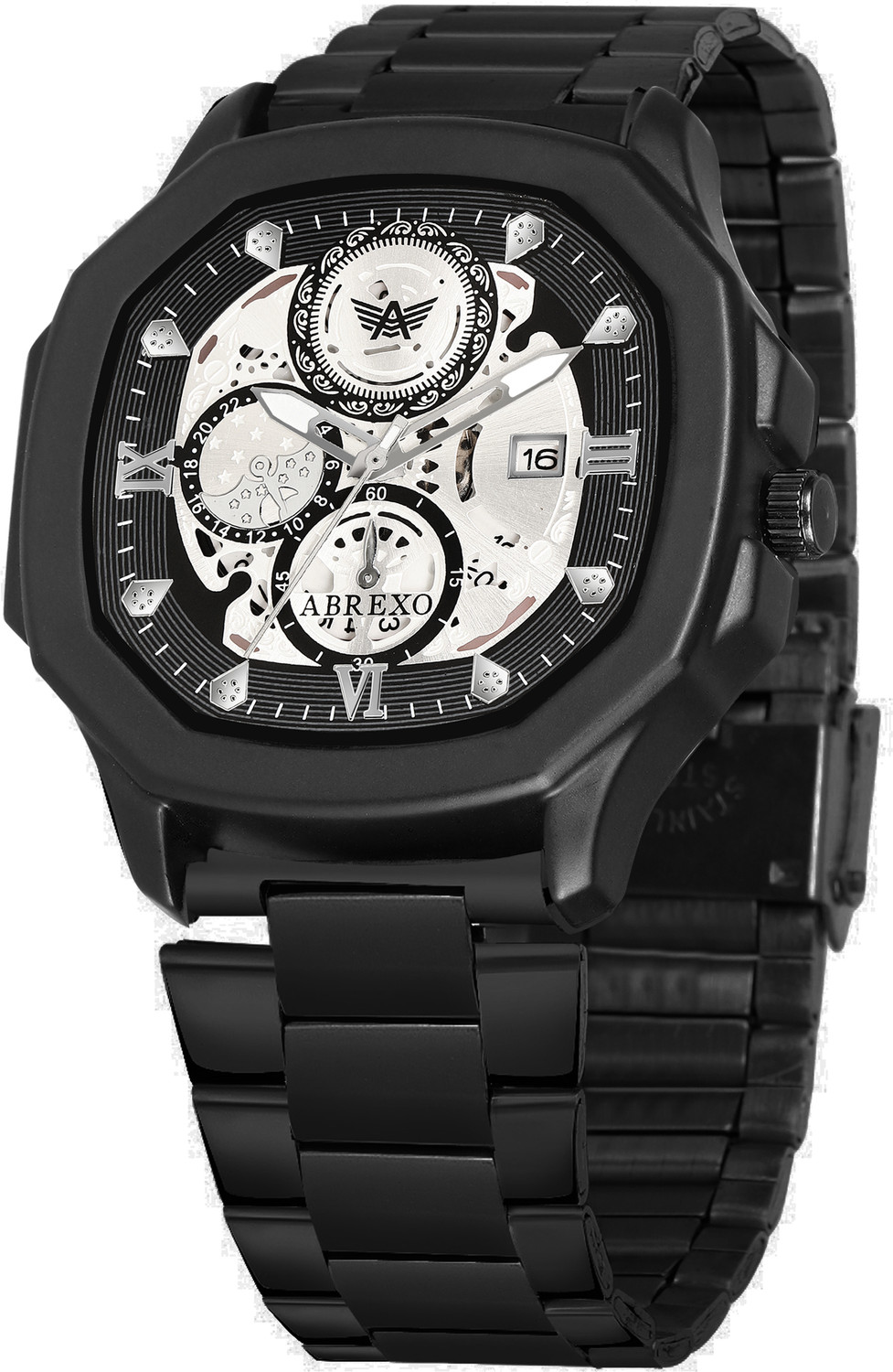 Image of ABREXO Abx8313-Black Bracelet GODFATHER Square Chrono Look Black Dial Date Working Stainless Strap For Boys Analog Watch - For Men