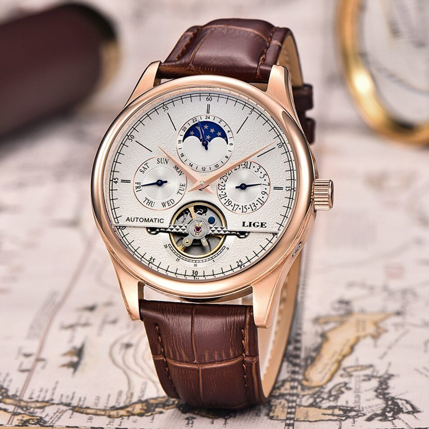 Image of Lige Mens Watch Automatic Mechanical Skeleton Luxury Leather strap wrist Watch Analog Watch - For Men