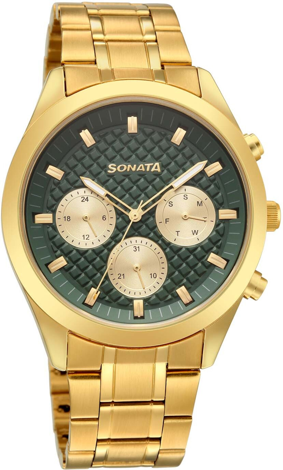 Image of SONATA Summit Summit Multifunction Green Dial Gold-Tone Analog Watch - For Men