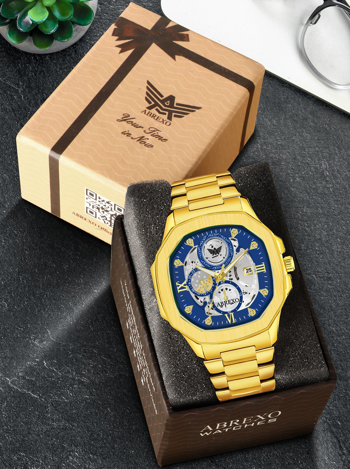 Image of ABREXO Abx8312 Blue Dial Golden Bracelets GODFATHER Square Chrono Look Blue Dial Date Working Stainless Strap For Boys Analog Watch - For Men