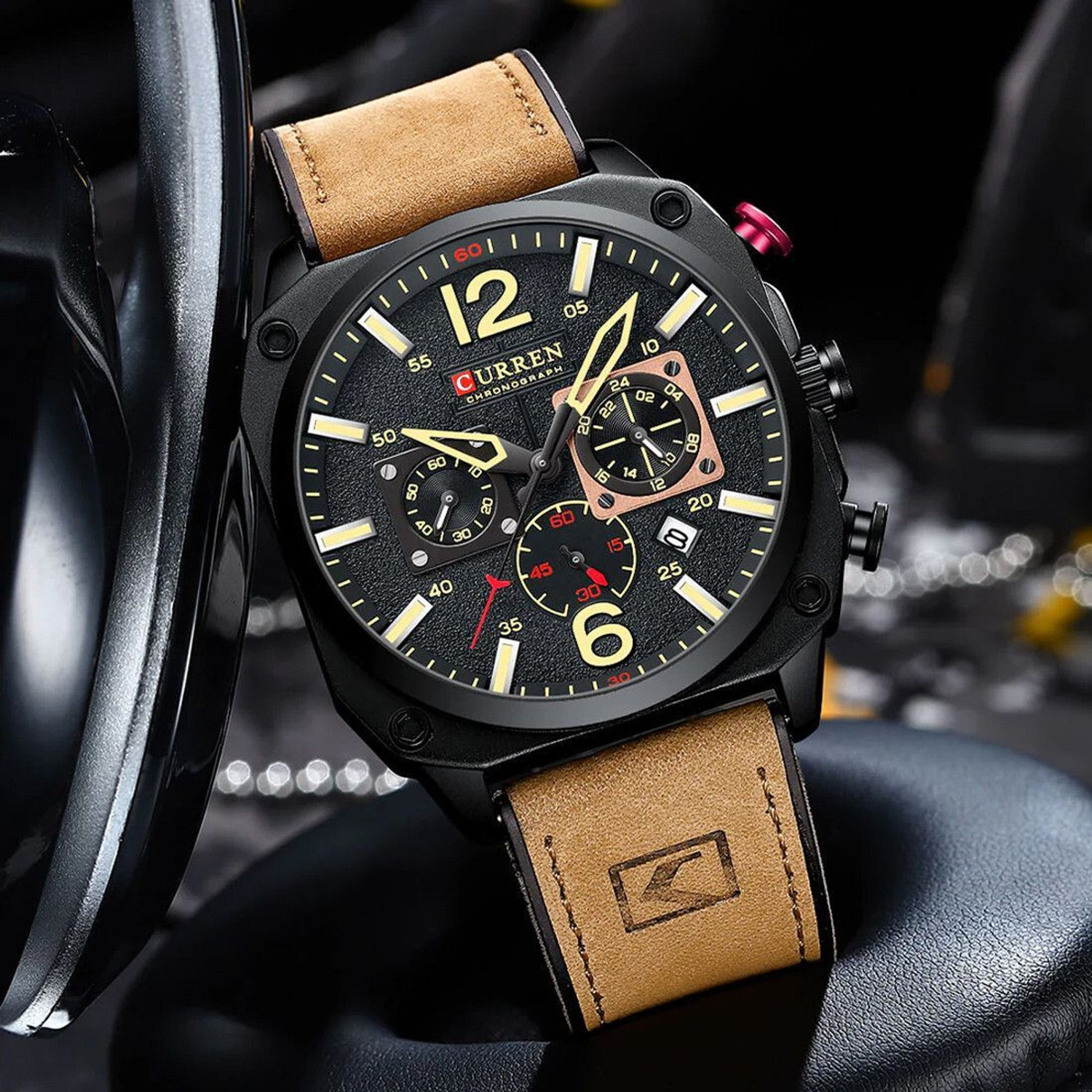 Image of Curren Curren 8398 Brown Black Dial Brown Leather Strap Cronograph Analog Watch - For Men