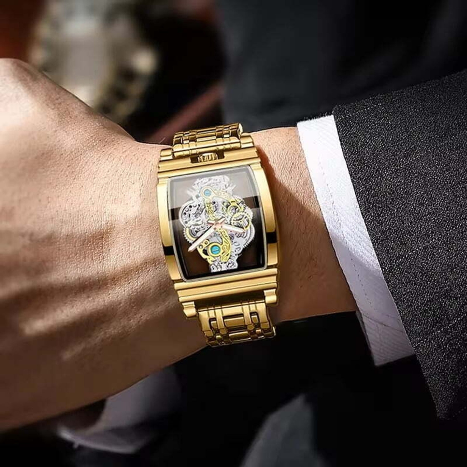 Image of DPA SKELETON RECTANGLE WATCH LUXURY GOLD SKELETON WATCH FOR MEN Analog Watch - For Men