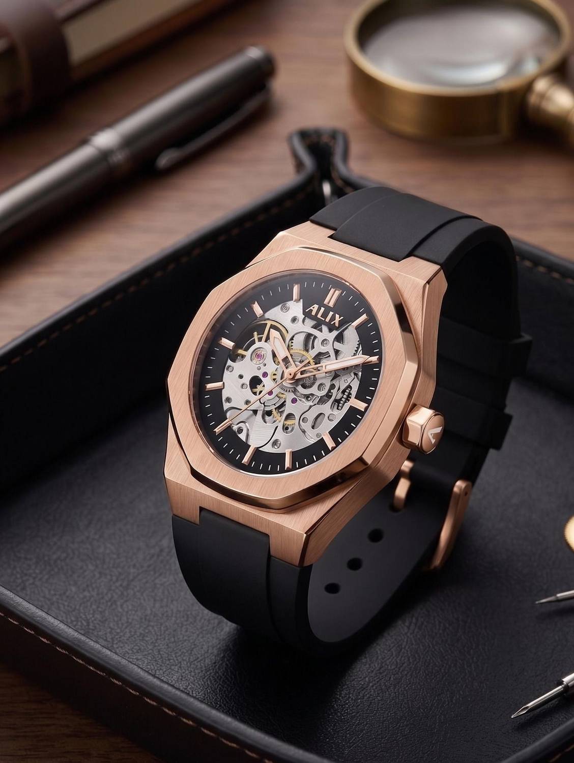 Alix AL2902T RoseGold Black Mechanical Automatic Skeleton Self-Winding Water Resistant Analog Watch  - For Men
