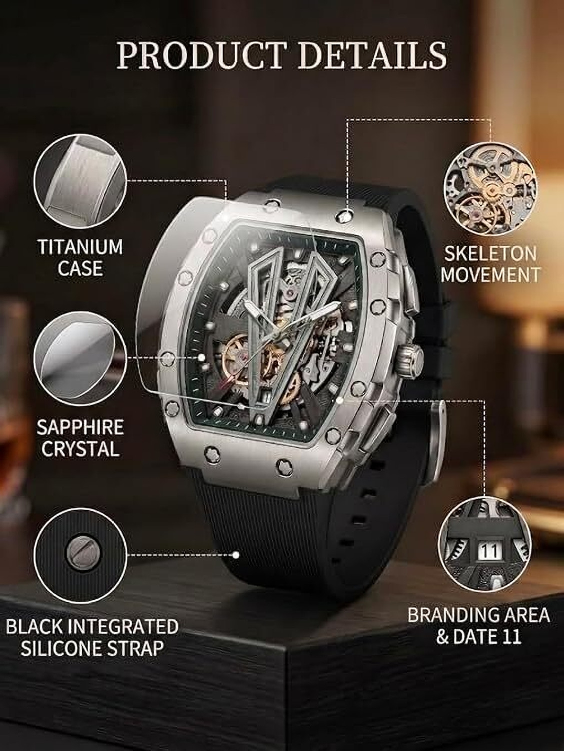 Image of Fanish fashion Men's Square Analog Watch | Skeleton Printed Dial | Quartz Movement | Casual New 2026 Classic Style Men's Watch Quartz Silicone Strap Watch Analog Watch - For Men