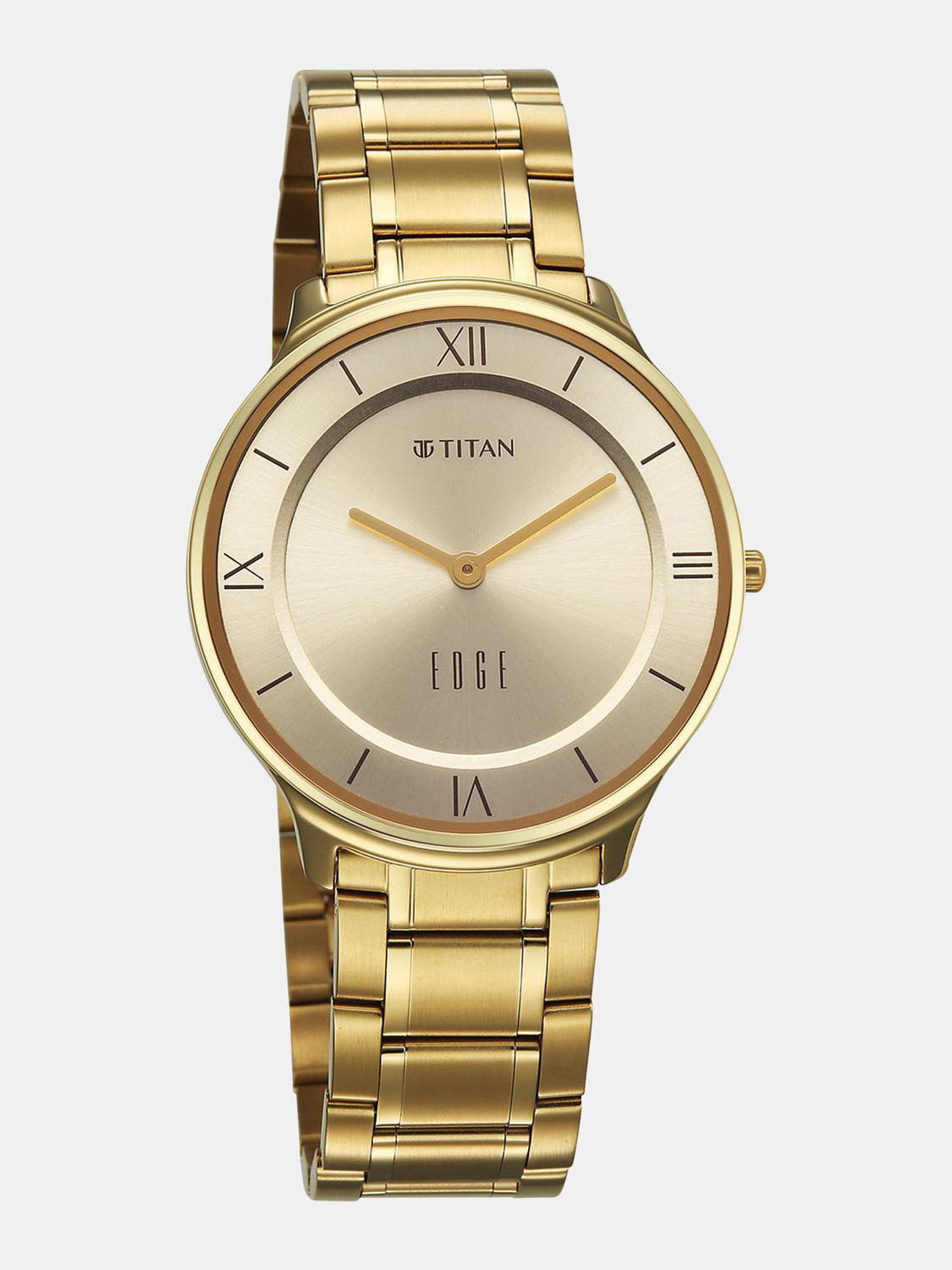 Image of Titan Edge Gleam Edge Gleam Quartz Champagne Dial Golden Stainless Steel Strap Watch For Men Analog Watch - For Men