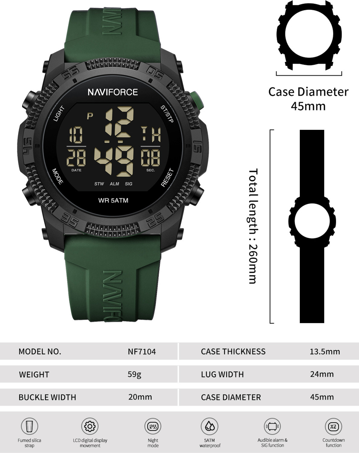 Image of NAVIFORCE NF7104 Green silicone light weight strap multi-function round dial Digital Watch - For Men