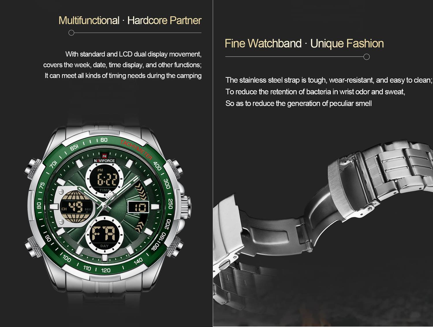 NAVIFORCE Green and Silver Analog-Digital Watch - Image 2