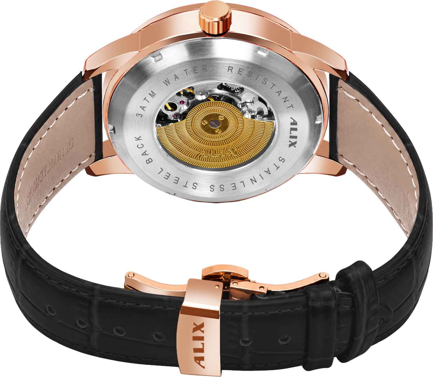 Image of Alix AL2910 Automatic Skeleton black dial with rosegold case shopisticated attire Analog Watch - For Men