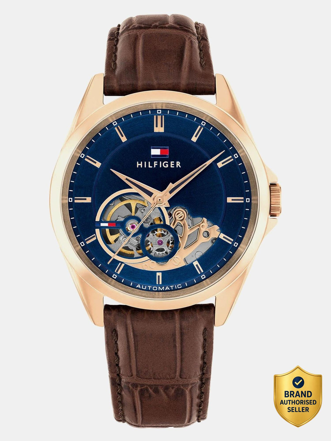 Image of TOMMY HILFIGER Baker Tommy Hilfiger Baker Automatic Blue Dial Brown Leather Strap Analog Watch - For Men