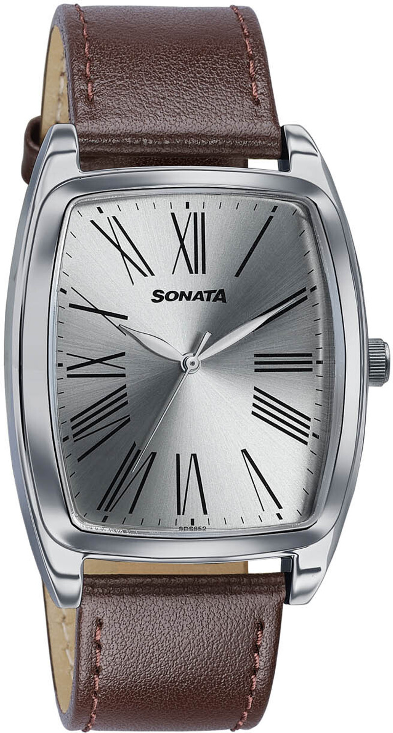 Image of SONATA Ascent Ascent Quartz Off white Dial Brown Leather Strap Analog Watch - For Men