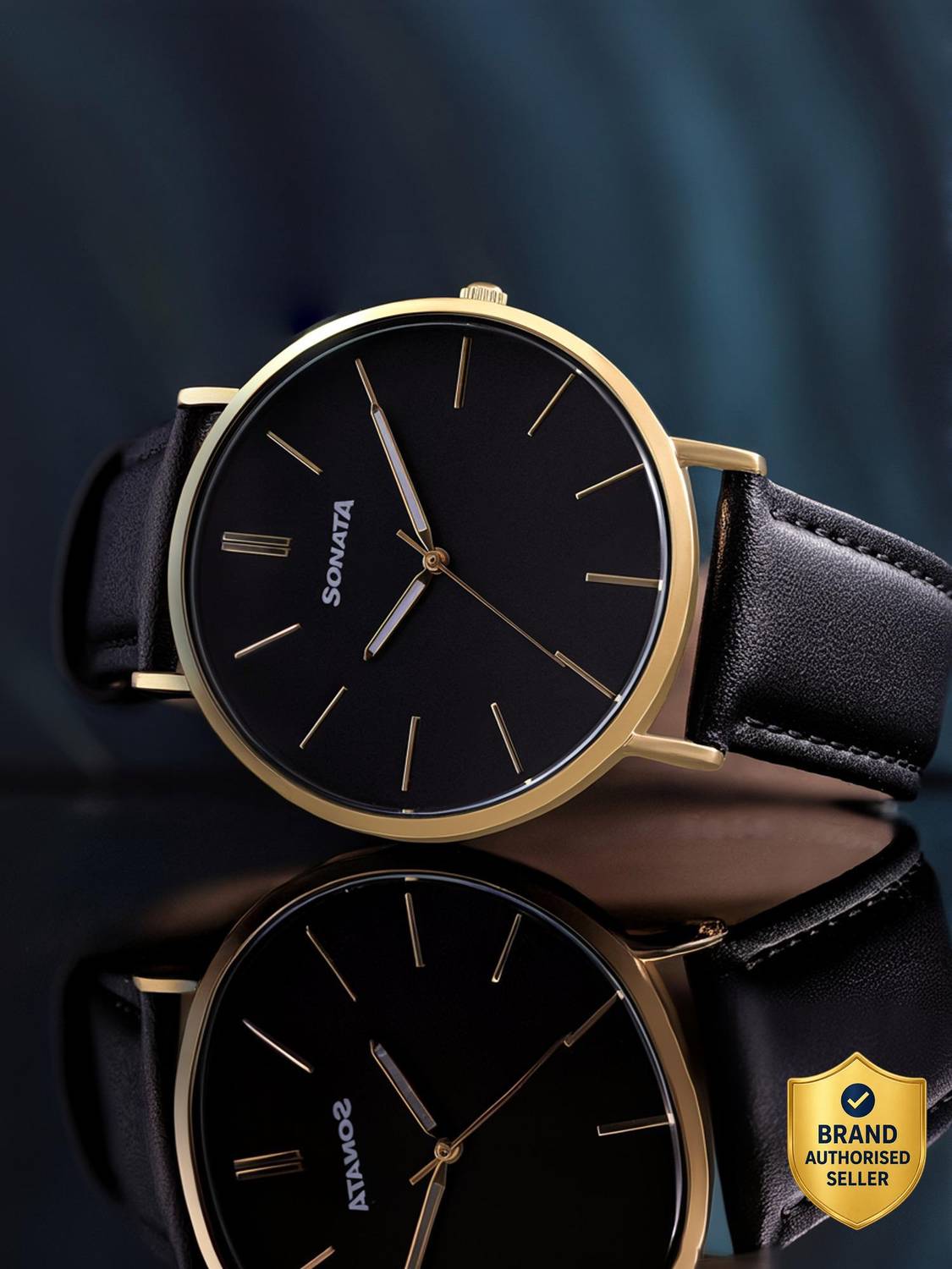 Sonata Quartz Black Dial Black Leather Strap Analog Watch for Men
