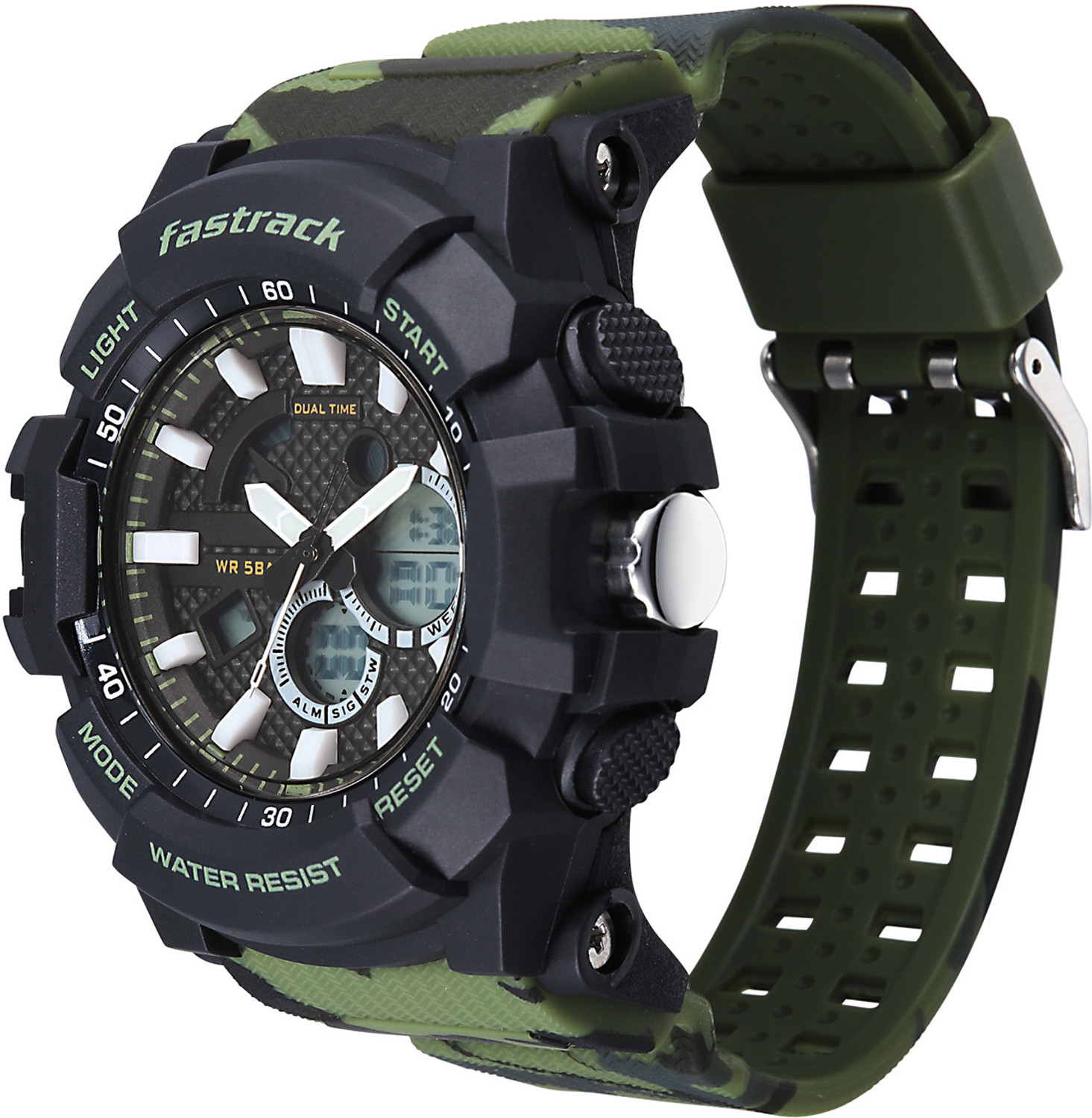 Image of Fastrack Streetstyle 6 Fastrack Streetstyle 6 Ana Digi Black Dial Camo Green Polyether Strap Analog-Digital Watch - For Men