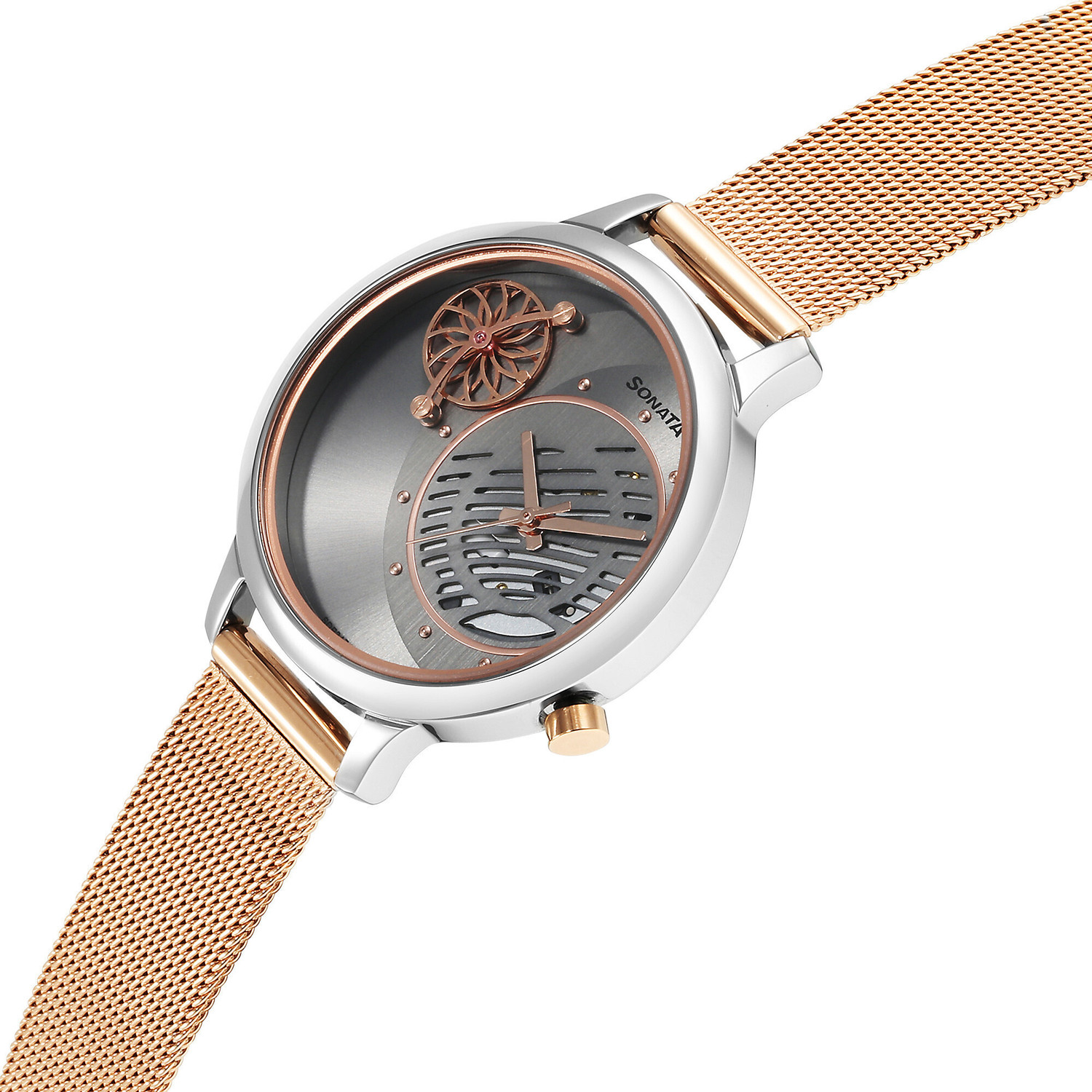 Image of SONATA Unveil- 3.0 Sonata Unveil Anthracite Dial Rose Gold Stainless Steel Strap Analog Watch - For Women