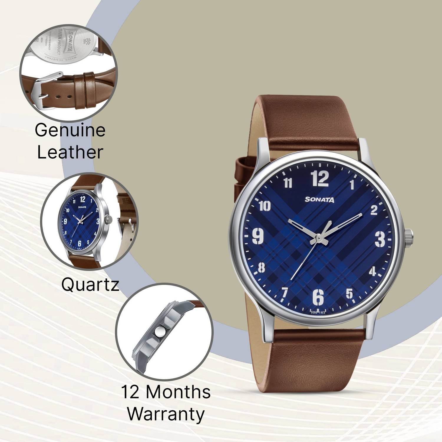 Sonata NP77105SL03W Smart Plaid Blue Dial Brown Leather Strap Analog - Image 3
